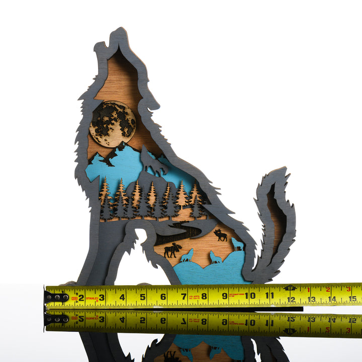 Wolf 3D Layered Wood Art made in Montana by RJS Engraving & Design - laser-cut wood layers depict a moonlit nature scene within the silhouette of a howling wolf, Large w/ scale