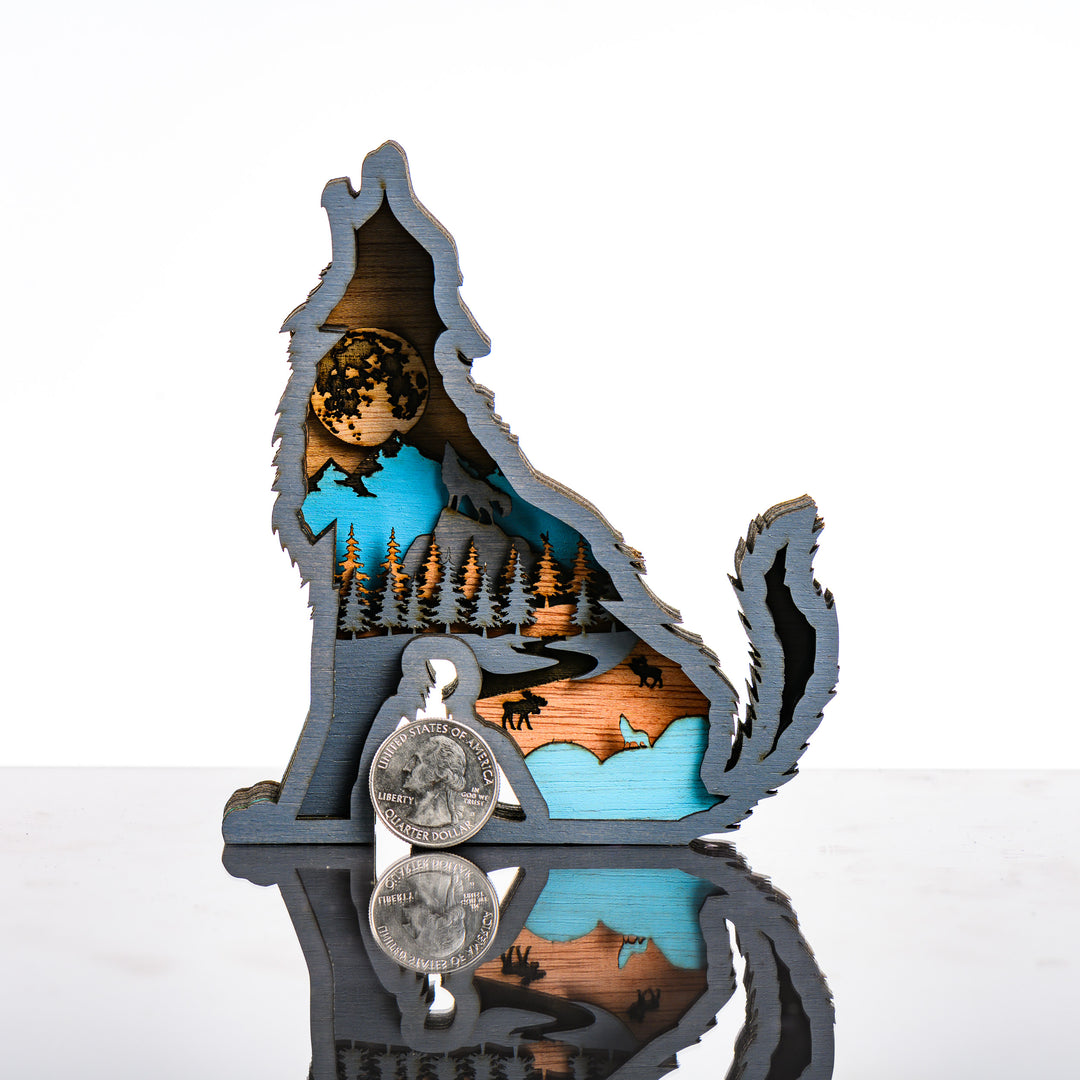 Wolf 3D Layered Wood Art made in Montana by RJS Engraving & Design - laser-cut wood layers depict a moonlit nature scene within the silhouette of a howling wolf, Mini w/ scale
