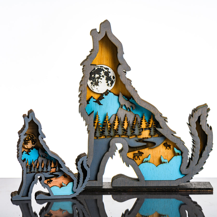 Wolf 3D Layered Wood Art made in Montana by RJS Engraving & Design - laser-cut wood layers depict a moonlit nature scene within the silhouette of a howling wolf, 2 sizes