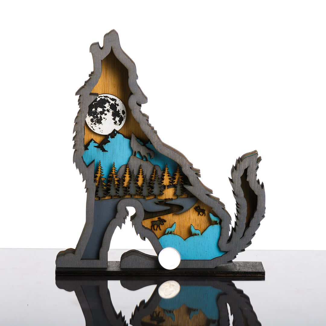 Wolf 3D Layered Wood Art made in Montana by RJS Engraving & Design - laser-cut wood layers depict a moonlit nature scene within the silhouette of a howling wolf, Standard w/ scale