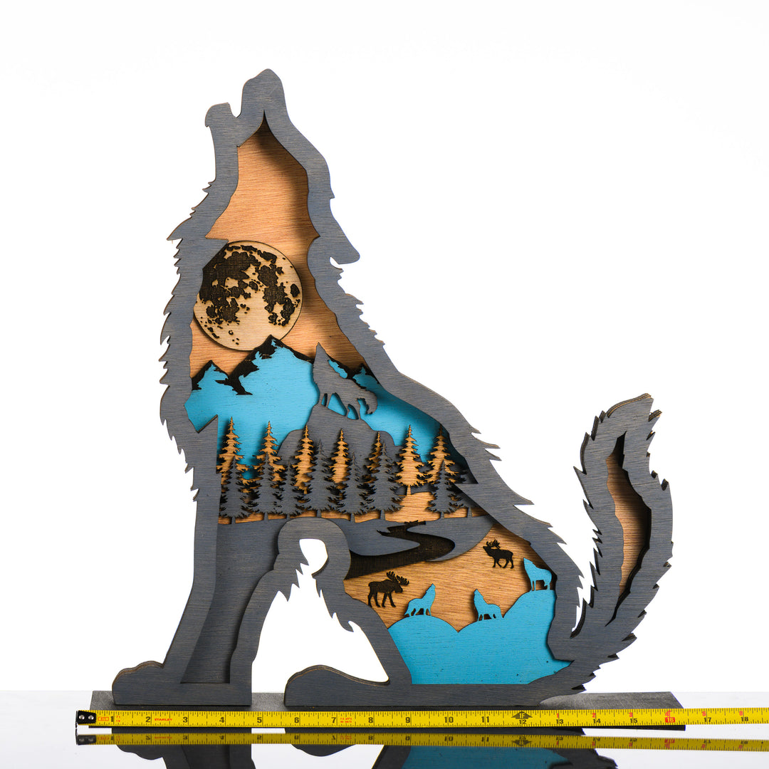 Wolf 3D Layered Wood Art made in Montana by RJS Engraving & Design - laser-cut wood layers depict a moonlit nature scene within the silhouette of a howling wolf, X-Large w/ scale