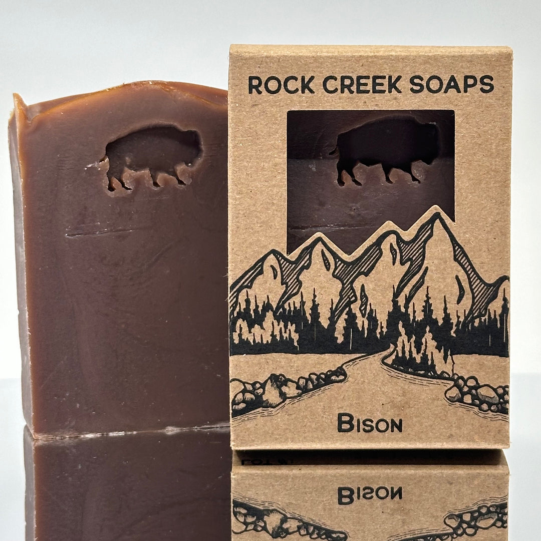 Bison Stamped Soap - Rustic Black Amber, Lavender, Vanilla and Musk - handcrafted soap stamped with a bison made in Montana by Rock Creak Soaps