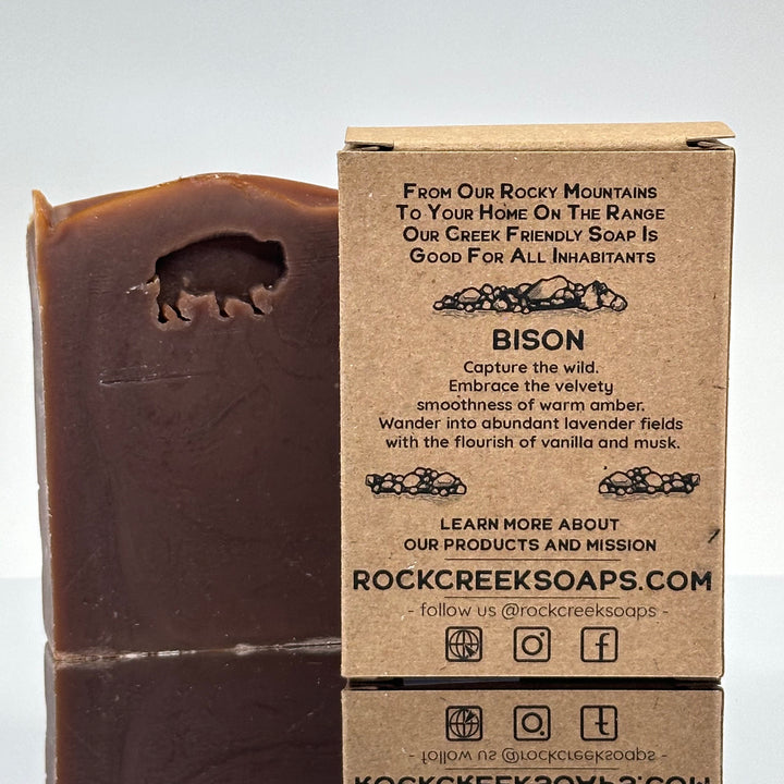 Bison Stamped Soap - Rustic Black Amber, Lavender, Vanilla and Musk - handcrafted soap stamped with a bison made in Montana by Rock Creak Soaps