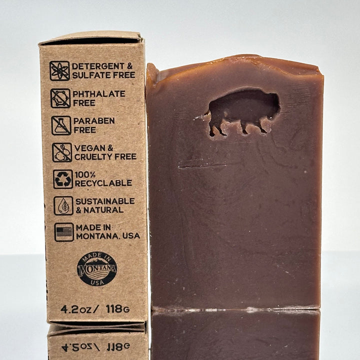 Bison Stamped Soap - Rustic Black Amber, Lavender, Vanilla and Musk - handcrafted soap stamped with a bison made in Montana by Rock Creak Soaps