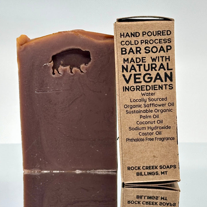 Bison Stamped Soap - Rustic Black Amber, Lavender, Vanilla and Musk - handcrafted soap stamped with a bison made in Montana by Rock Creak Soaps