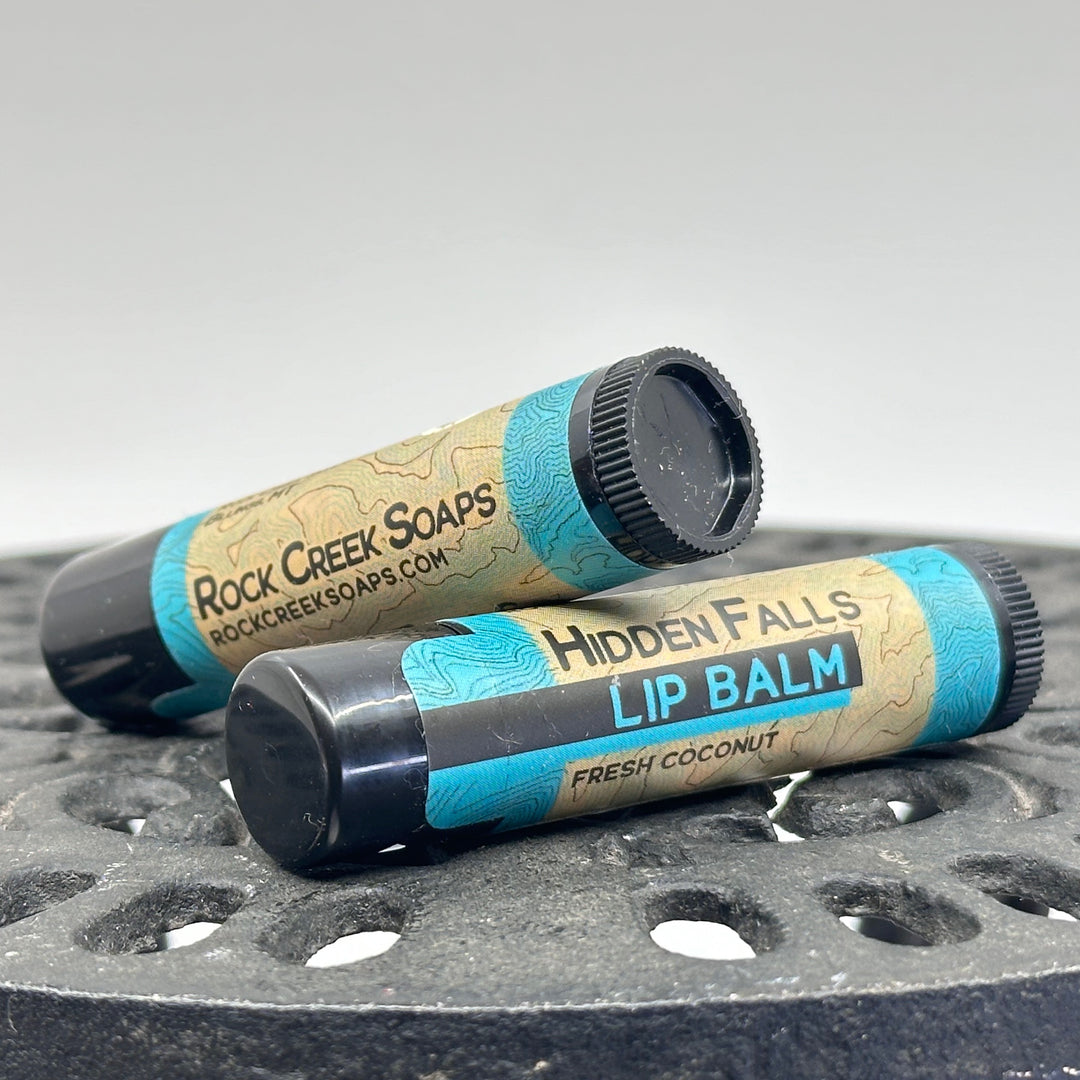 .15 oz. tube of Nourishing Natural Lip Balm, made in Montana by Rock Creek Soaps, available in assorted natural flavors - Hidden Falls (fresh coconut)