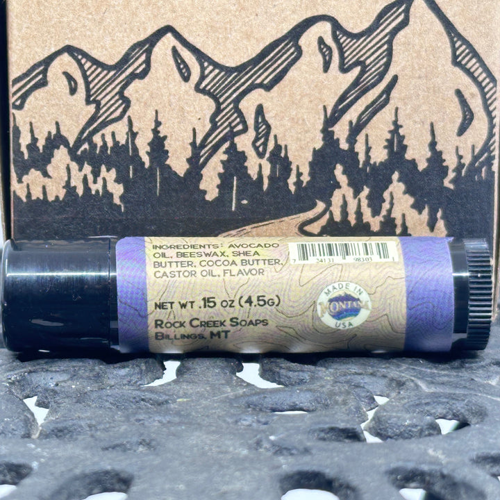 .15 oz. tube of Rock Creek Soaps Huckleberry Lip Balm, ingredients