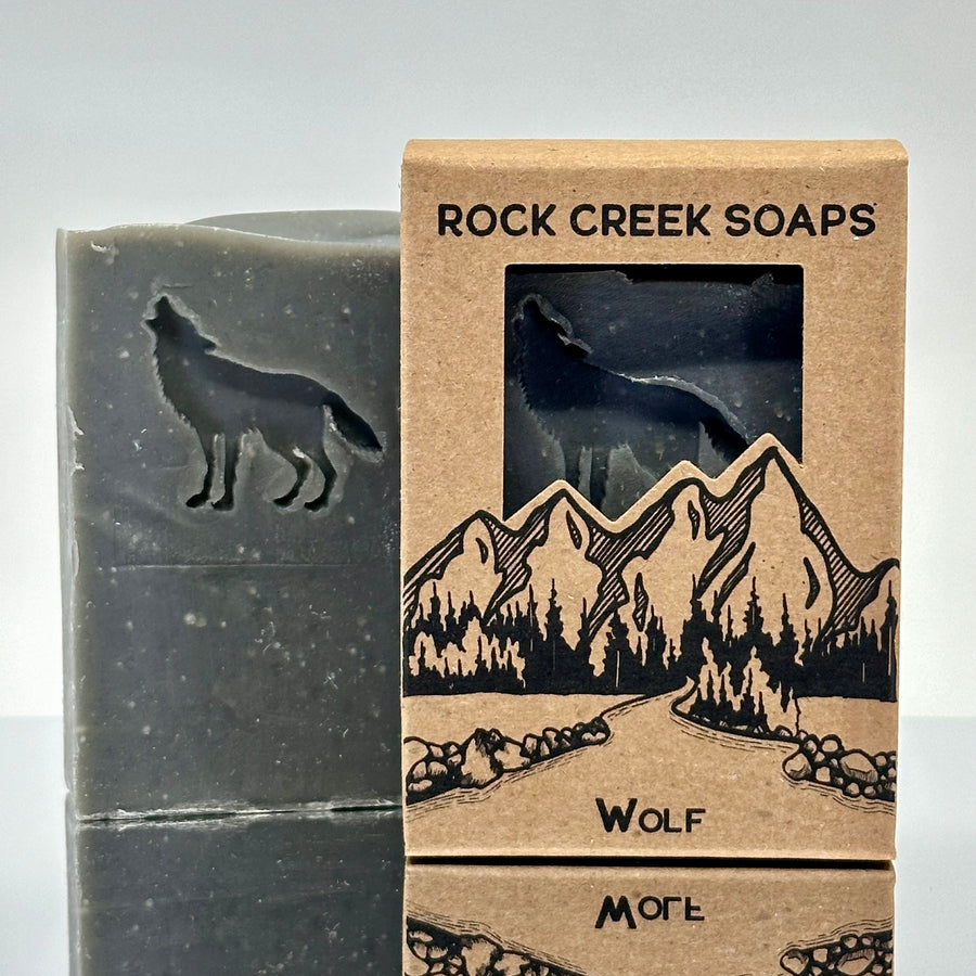 Wolf Stamped Soap - Cardamom, Teakwood, Amber, Sandalwood & Cedar - handcrafted bar soap made in Montana by Rock Creek Soaps