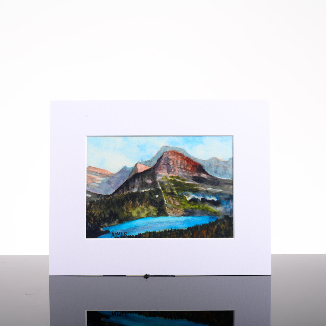 Grinnell Lake Matted Print, by Stark Mountain Studio - 5x7 print of a Bobbe Almer watercolor painting in a 8x10 mat--a perfect Montana-made gift for art lovers