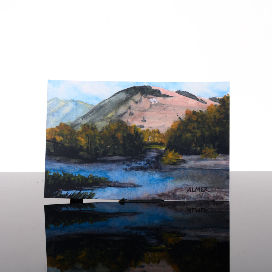 The M (Missoula, MT) Postcard, by Stark Mountain Studio - 5x7 postcard of a Bobbe Almer watercolor painting