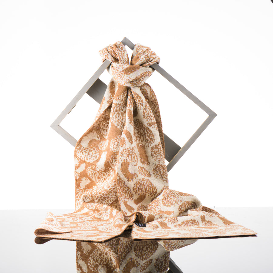 Sapphire Alpaca Morel Mushroom Knit Scarf in camel and cream, handmade in Montana using 100% ethically sourced alpaca fiber, 67 x 8 inches