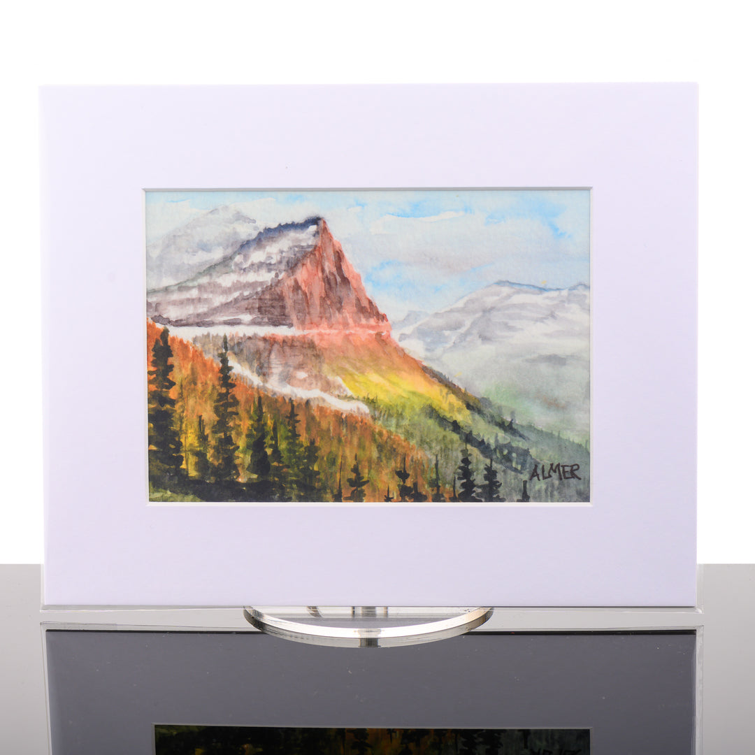 Sunshine and Snowfields Matted Print, by Stark Mountain Studio - 5x7 print of a Bobbe Almer watercolor painting in a 8x10 mat--a perfect Montana-made gift of nature for art lovers