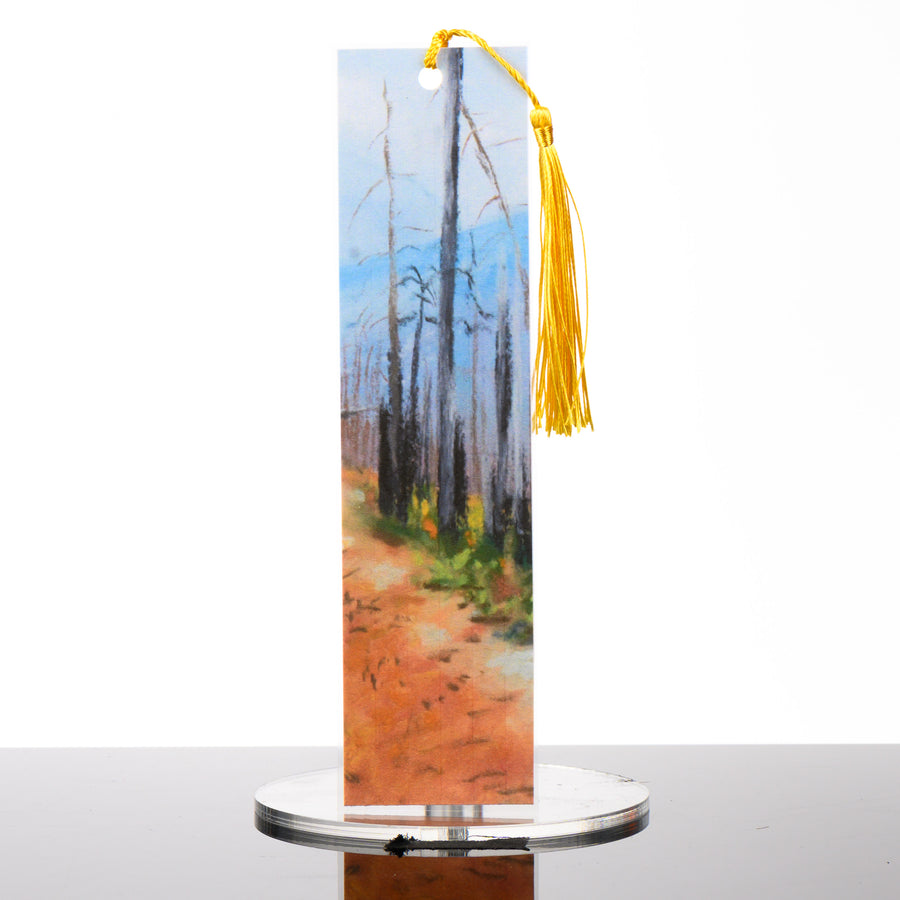 Glacier Burn Bookmark, by Stark Mountain Studio - 1 7/8 x 7 3/8” bookmark of a Bobbe Almer watercolor painting with tassel, made in Montana, USA.