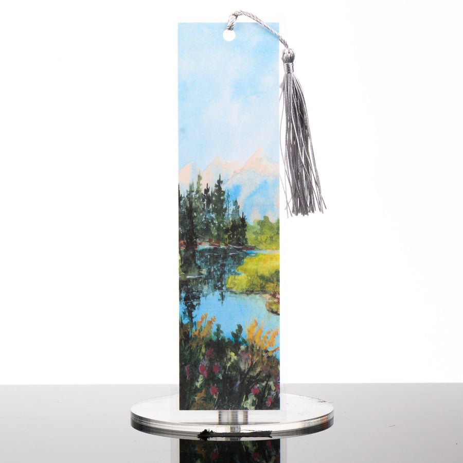 Summer Reflections Bookmark, by Stark Mountain Studio - 1 7/8 x 7 3/8” bookmark of a Bobbe Almer watercolor painting with tassel, made in Montana, USA