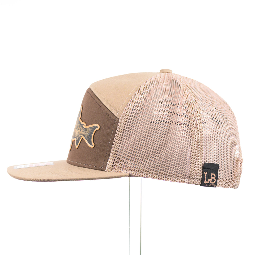 Flexwood Chinook Richardson Flat Bill Trucker Cap featuring a premium flexwood patch in the shape of a Chinook salmon, handmade in Montana, USA by Last Best Supply Co.