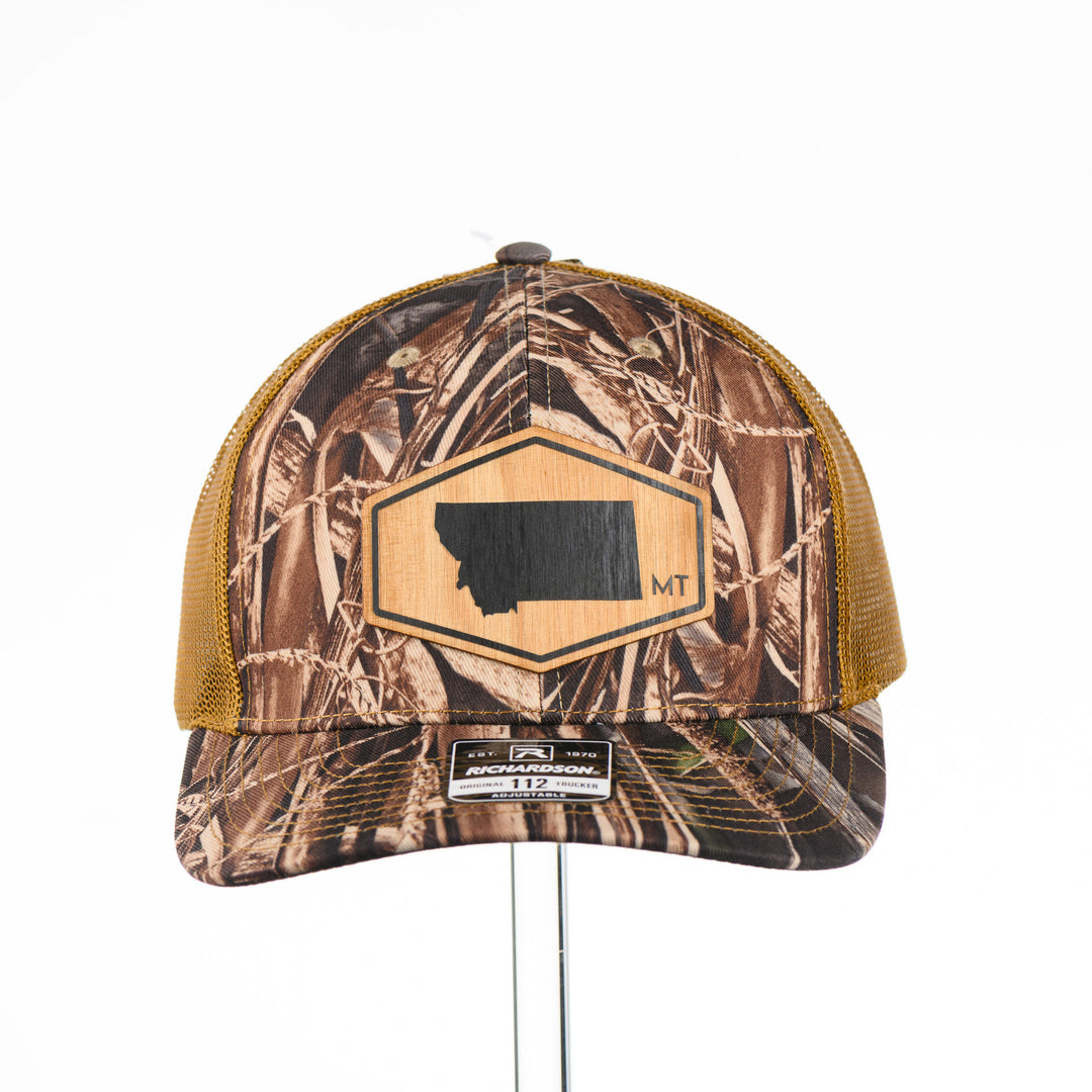 Montana Cherrywood Flexwood Patch on Real Tree Camo Richardson hat