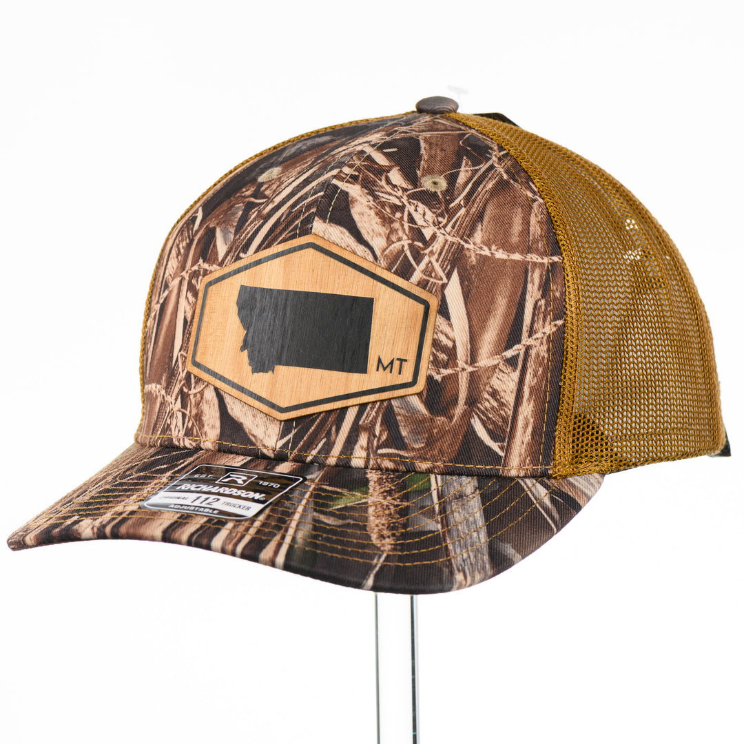 Montana Cherrywood Flexwood Patch on Real Tree Camo Richardson hat