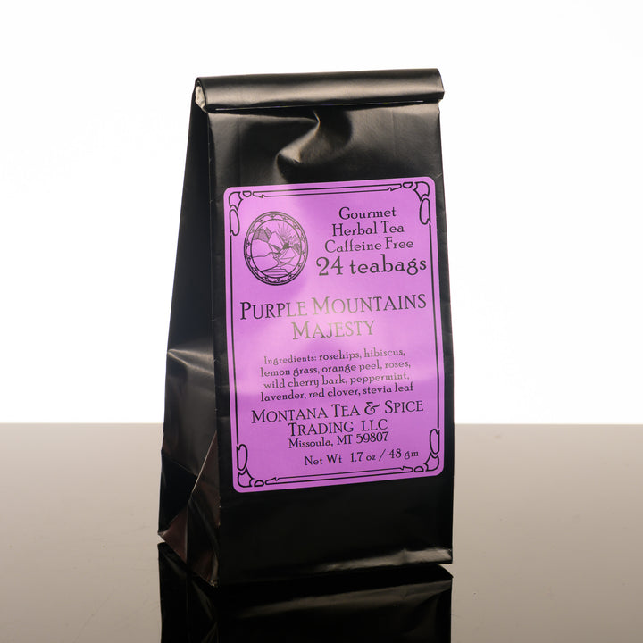 A Montana made bag of Purple Mountains Majesty herbal tea, by Montana Tea & Spice Co., featured in The Petals to Peaks Box by The Last Best Box.