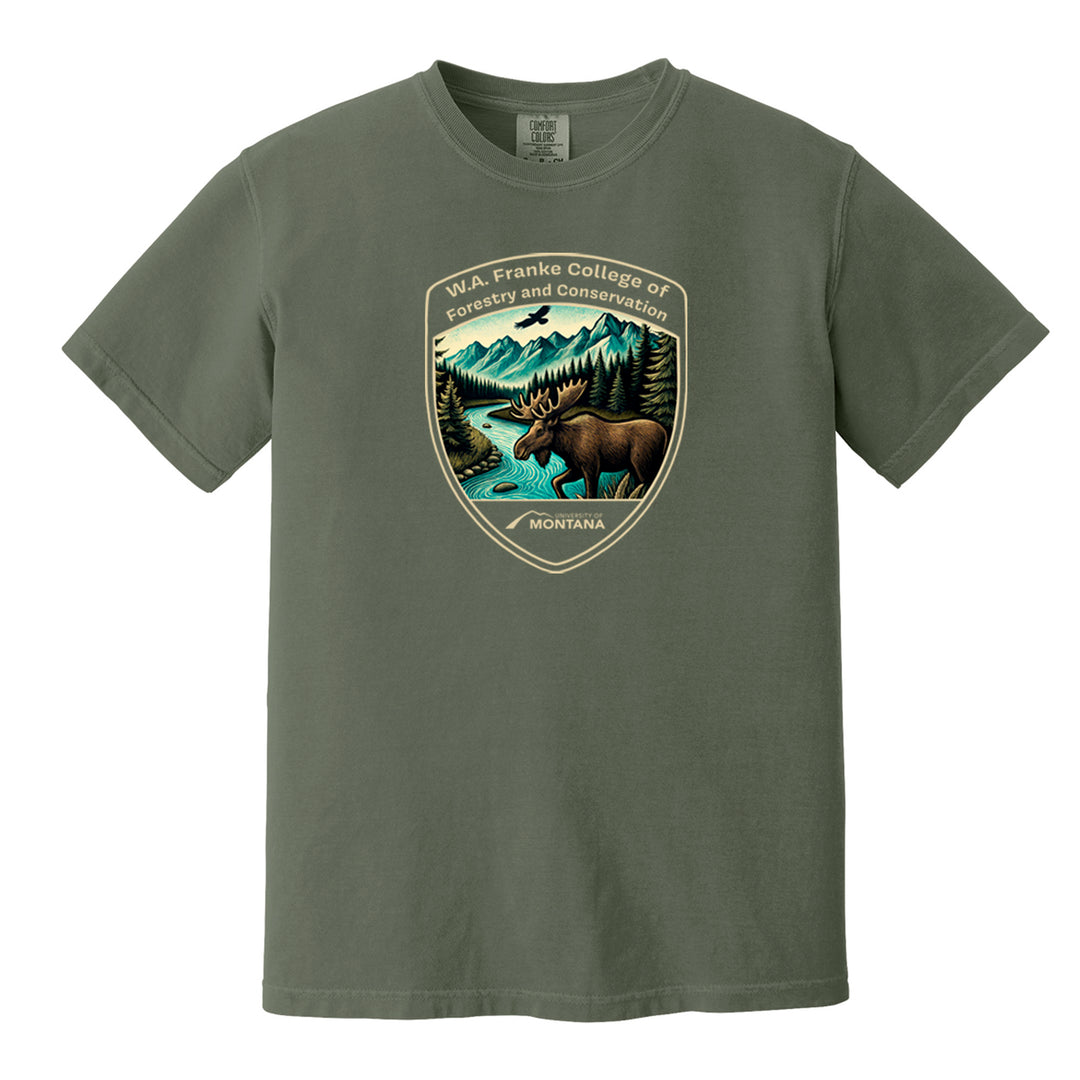 Support environmental education with this 100% US ring spun cotton tee featuring the W.A. Franke College of Forestry and Conservation moose design, made in Missoula, MT.