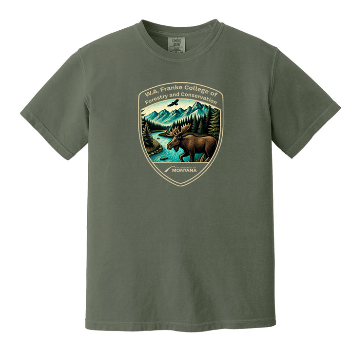Support environmental education with this 100% US ring spun cotton tee featuring the W.A. Franke College of Forestry and Conservation moose design, made in Missoula, MT.