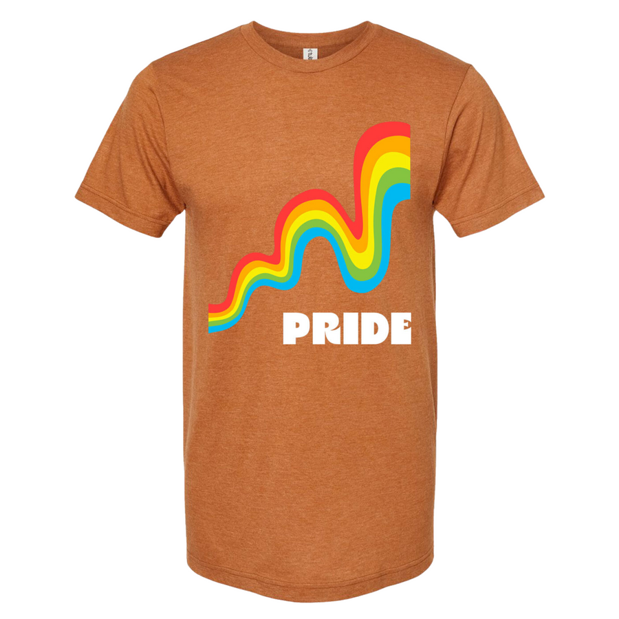 Burnt orange unisex / all-gender t-shirt featuring the 2023 Missoula PRIDE design, front