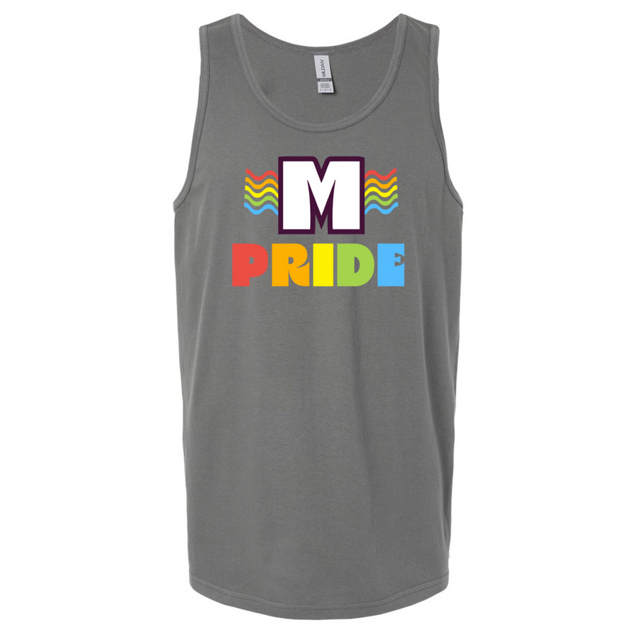 Grey unisex / all-gender tank top featuring the Missoula Pride logo, front