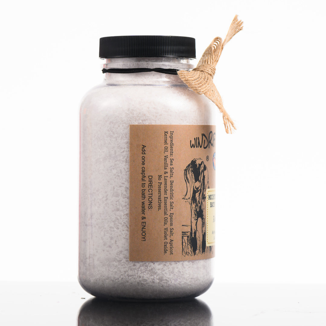 A 16.9 ounce bottle of Windrift Hill's Montana made moisturizing bath salts in scent Lovely lavender. For an at home spa experience. Ingredients: Sea Salts, Dendritic Salt, Epsom Salt, Apricot Kernel Oil, Lavender Essential Oil, Violet Oxide. No Preservatives.
