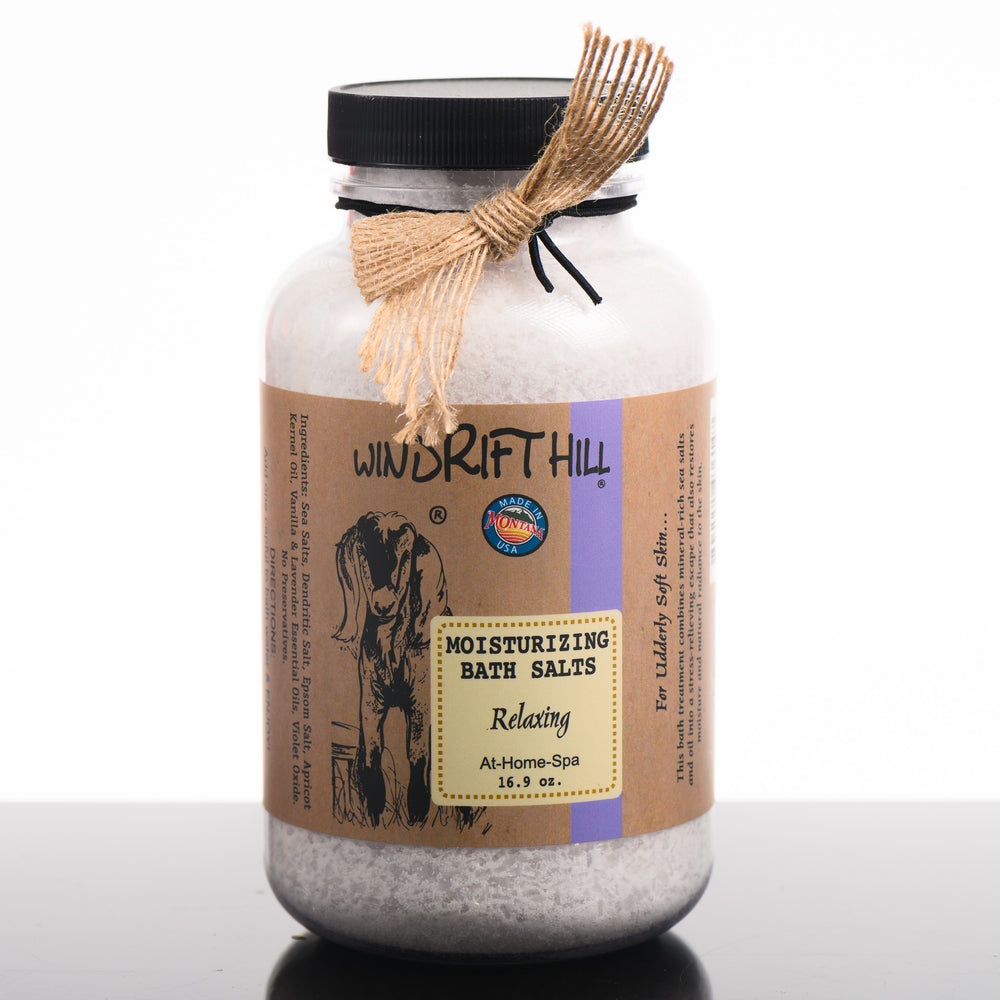 A 16.9 ounce package of Windrift Hill's Montana made relaxing scented luxury bath salts.