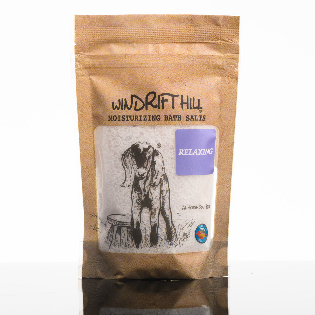 A 5 ounce package of Windrift Hill's Montana made relaxing scented luxury bath salts.