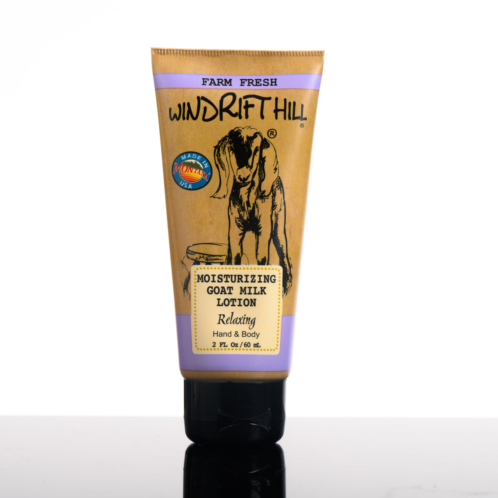 A 2 ounce bottle of Windrift Hill's Montana made moisturizing goat milk lotion in scent relaxing.