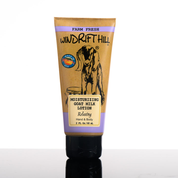 A 2 ounce bottle of Windrift Hill's Montana made moisturizing goat milk lotion in scent relaxing.