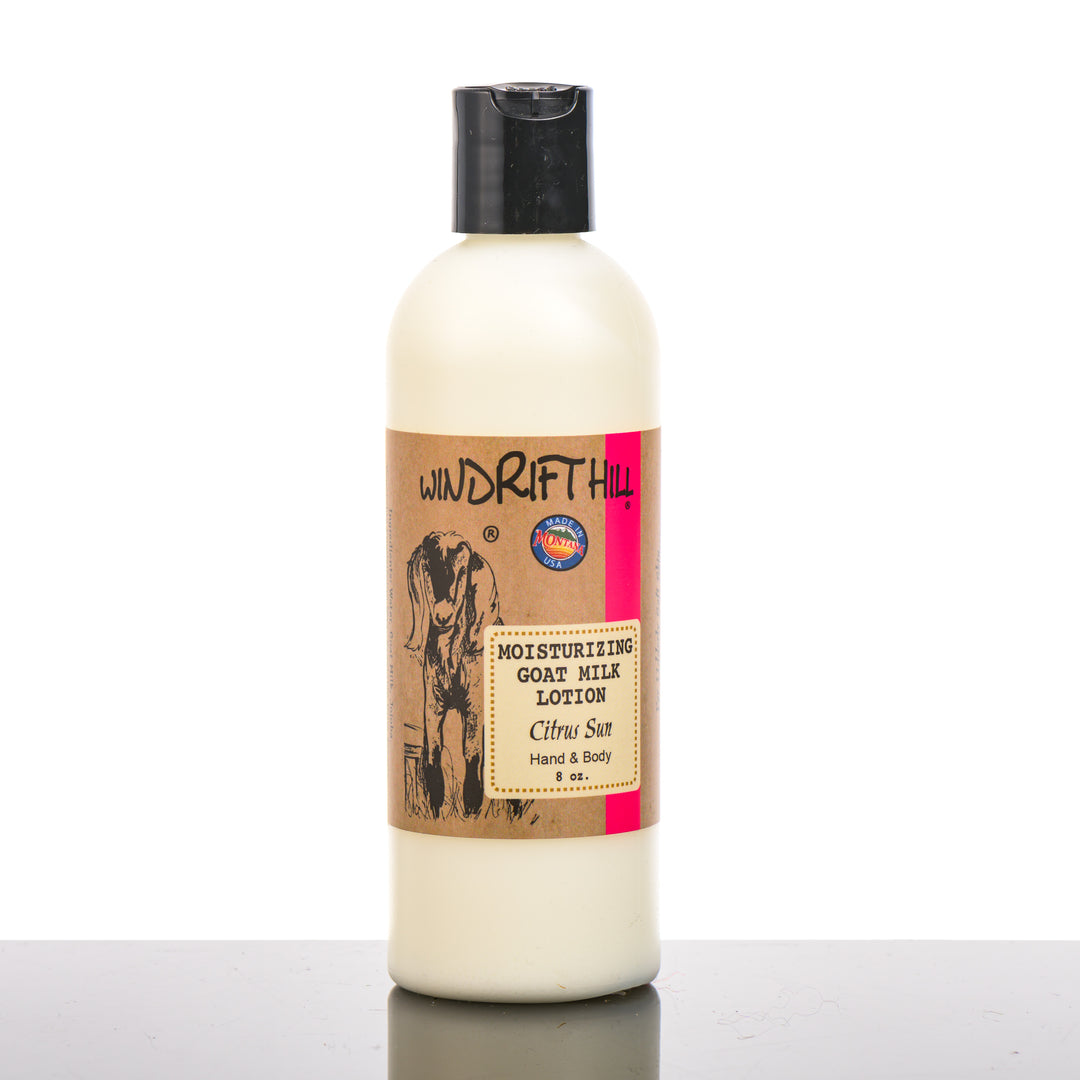 8 oz. bottle of Windrift Hill's Citrus Sun Goat Milk Lotion, goat’s milk body lotion handmade in Montana, USA