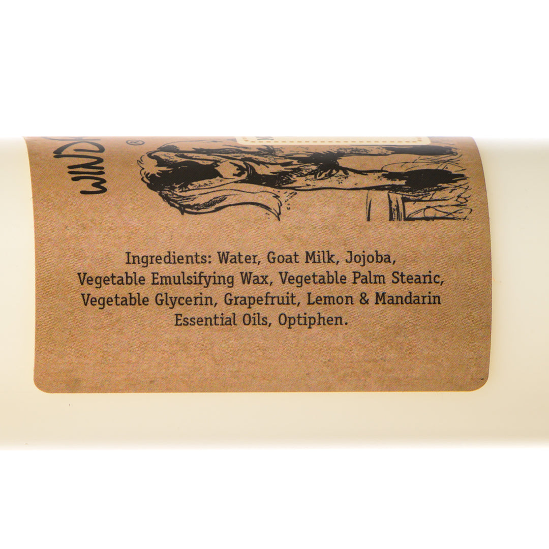 8 oz. bottle of Windrift Hill's Citrus Sun Goat Milk Lotion, goat’s milk body lotion handmade in Montana, USA