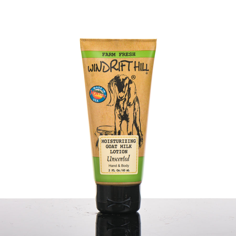 2 oz. bottle of Windrift Hill's Unscented Moisturizing Goat Milk Lotion, unscented goat’s milk body lotion handmade in Montana, USA