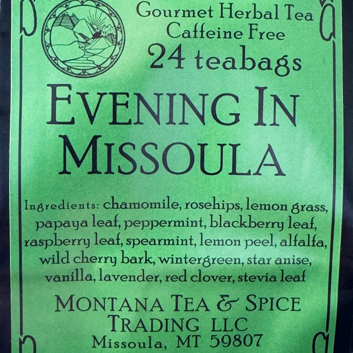 1.7 oz bag of Montana Tea & Spice Trading LLC's Evening in Missoula (24 teabags, caffeine free), ingredients—Montana-made tea for gifting and sipping