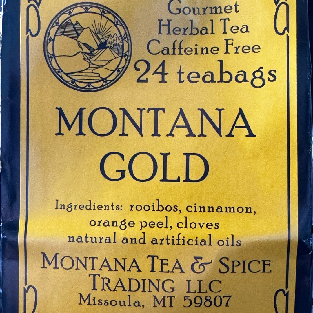1.7 oz bag of Montana Tea & Spice Trading LLC's Montana Gold (24 teabags, caffeine free), ingredients—Montana-made tea for gifting and sipping
