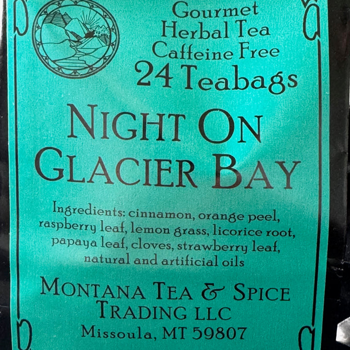 1.7 oz bag of Montana Tea & Spice Trading LLC's Night on Glacier Bay (24 teabags, caffeine free), ingredients—Montana-made tea for gifting and sipping