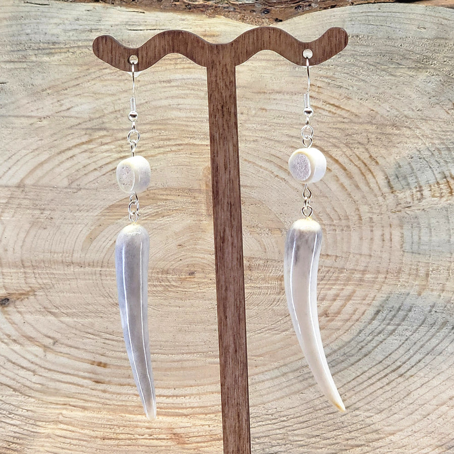 Pair of antler earrings with polished tips and antler beads made in Montana, USA by 406 Antlery