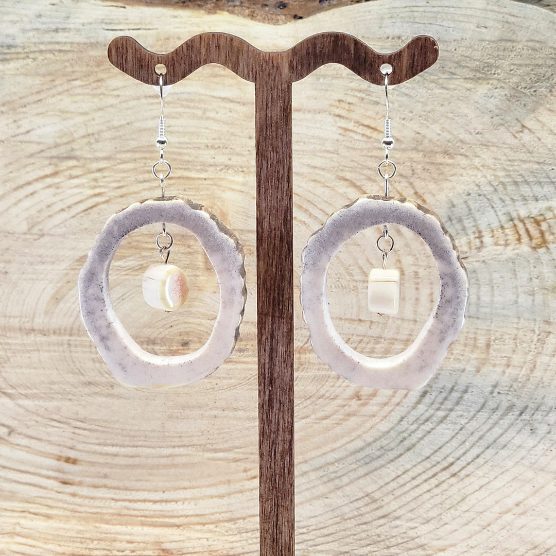 Real Antler Hoop Earrings with Antler Bead—unique natural earrings made from real antler in Montana by 406 Antlery