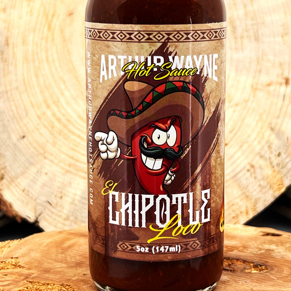 5 oz. Bottle of El Chipotle Loco Hot Sauce, with Chipotles, Roasted Green Chiles, Orange Juice, Tomato Paste, Lemon Juice, Mango, Carrot, and Agave Nectar, made in Montana by Arthur Wayne Hot Sauce
