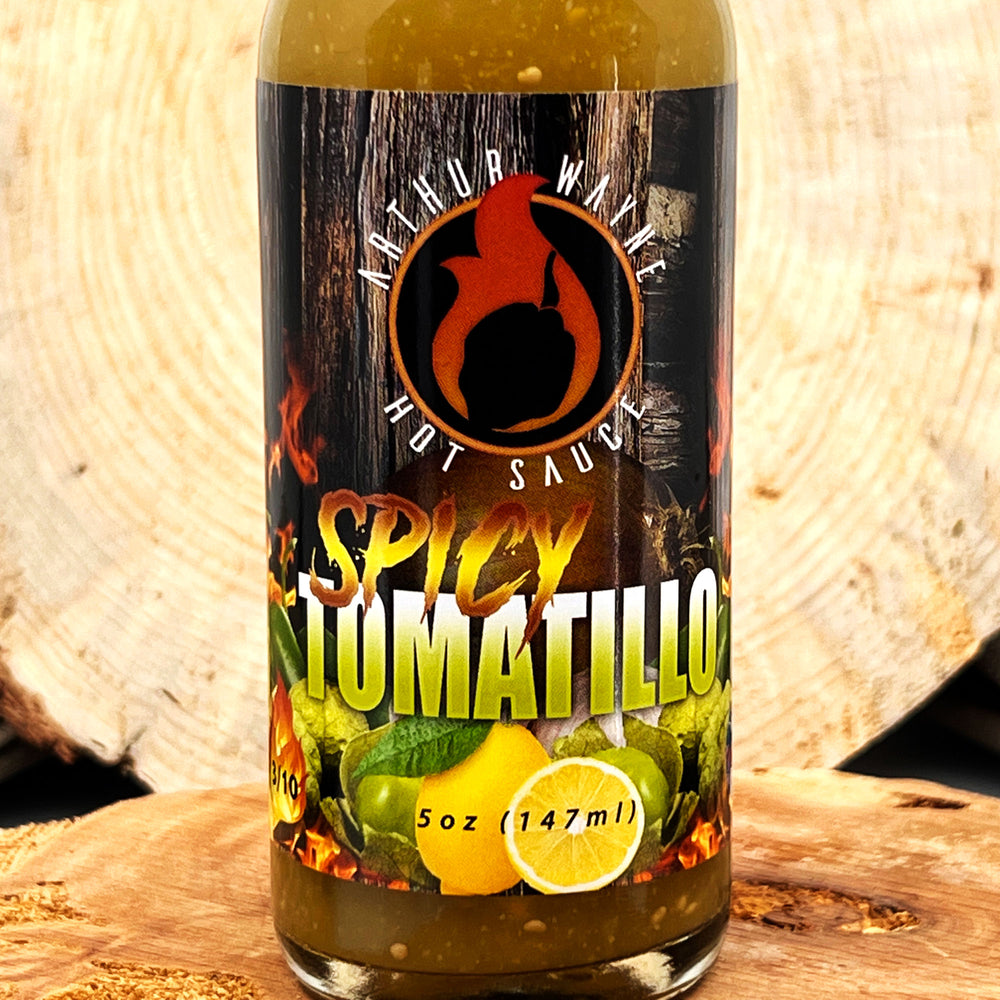 5 oz. bottle of Spicy Tomatillo Hot Sauce, with tomatillos and jalapenos, made in Montana by Arthur Wayne Hot Sauce