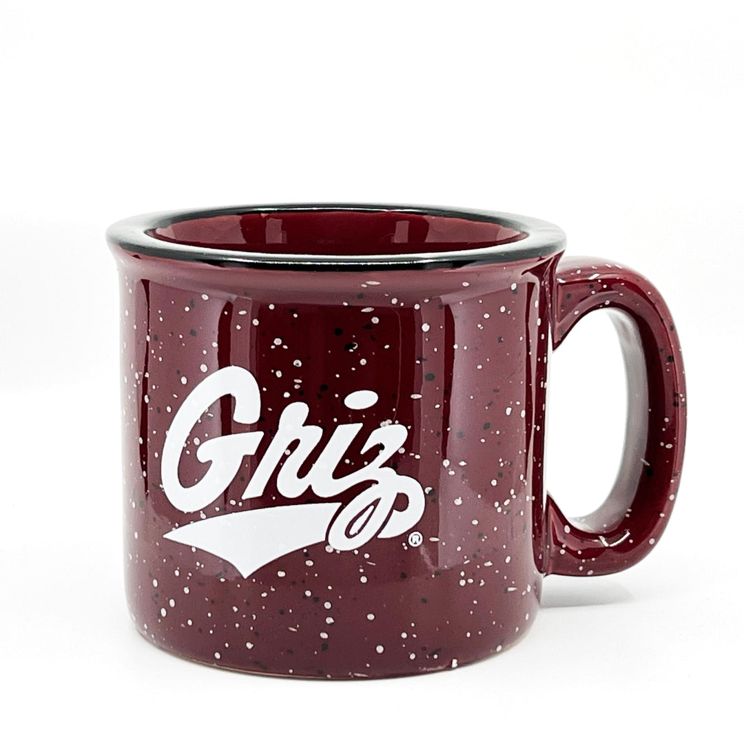 Blue Peaks Creative's Maroon Speckled Campfire Mug with the Griz script and paw designs in white, side 1