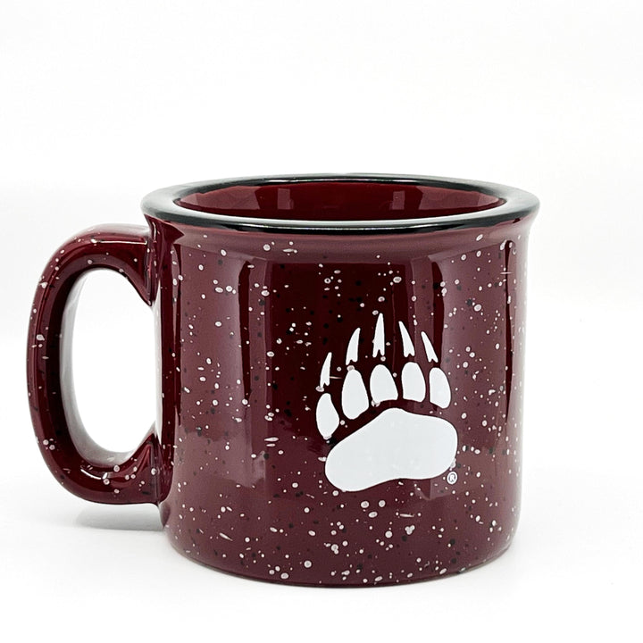 Blue Peaks Creative's Maroon Speckled Campfire Mug with the Griz script and paw designs in white, side 2