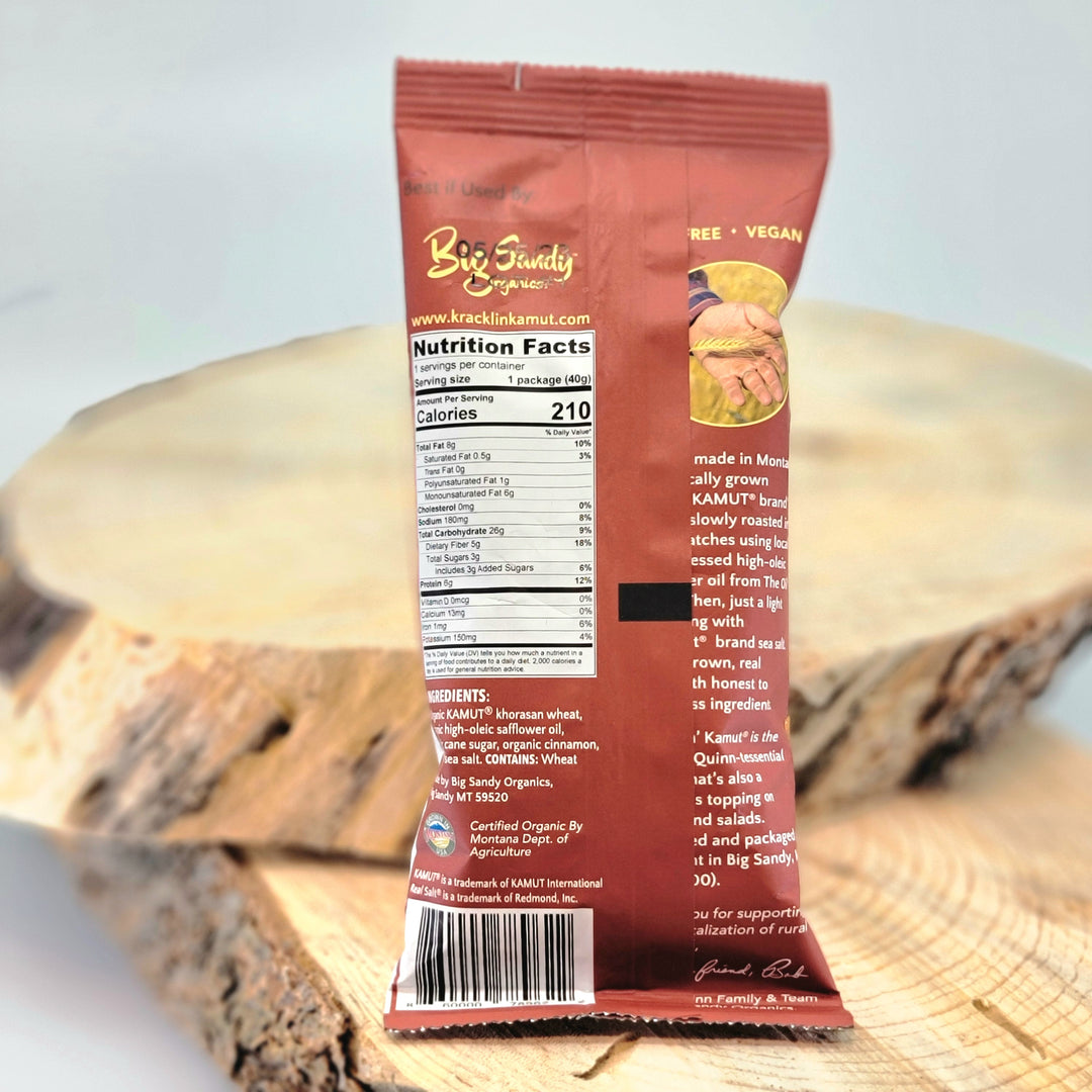 1.4 oz. bag of Churro flavored Kracklin Kamut wheat germ snack made with khorasan wheat grown in Montana, by Big Sandy Organics, nutrition facts and description