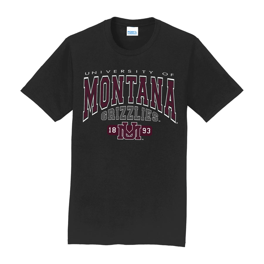 Black Big Montana Grizzlies -  Core Cotton T-shirt made in Missoula, MT (home of the UM Grizzlies) by Blue Peak Creative—a black cotton tee printed with the big University of Montana Grizzlies (team name) design.