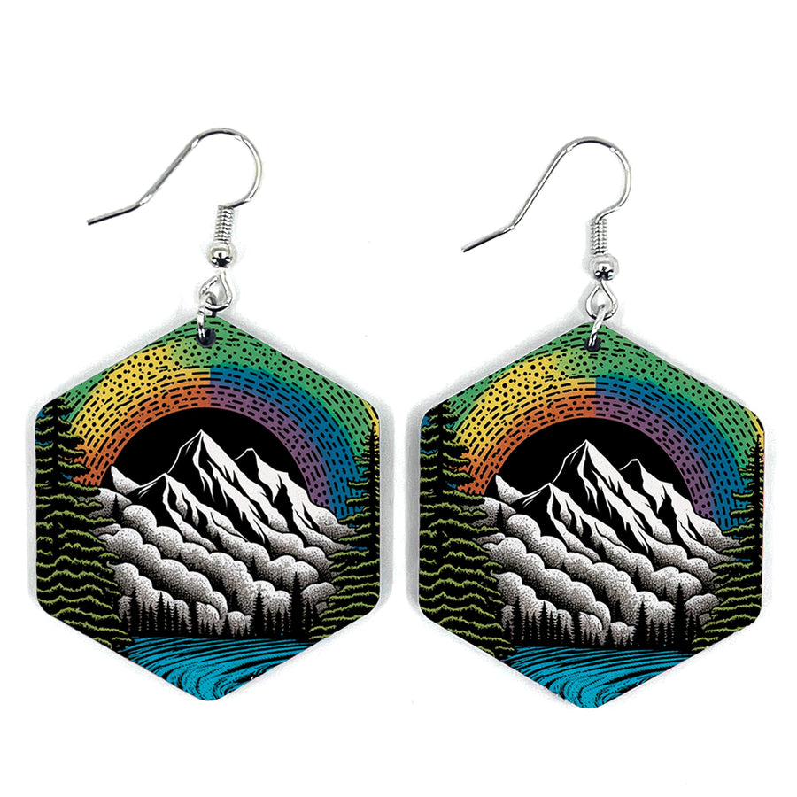 Acrylic earrings with Blue Peak Creative's Glacier Mountain Rainbow Hexagon design, made in Montana USA.