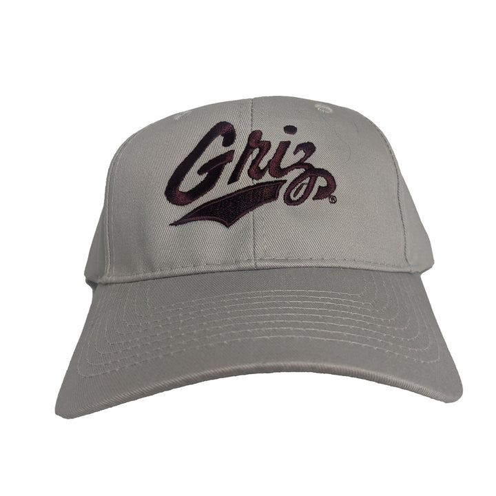 Grey Griz Script - Six-panel Twill Hat made in Missoula, MT (home of the UM Grizzlies) by Blue Peak Creative—a grey, six-panel twill baseball cap embroidered with the University of Montana Griz script in maroon