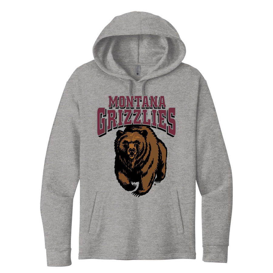 Blue Peak Creative's grey Pullover Hoodie with University of Montana Grizzlies Charging Bear design, made in Missoula, MT, USA home of the Griz