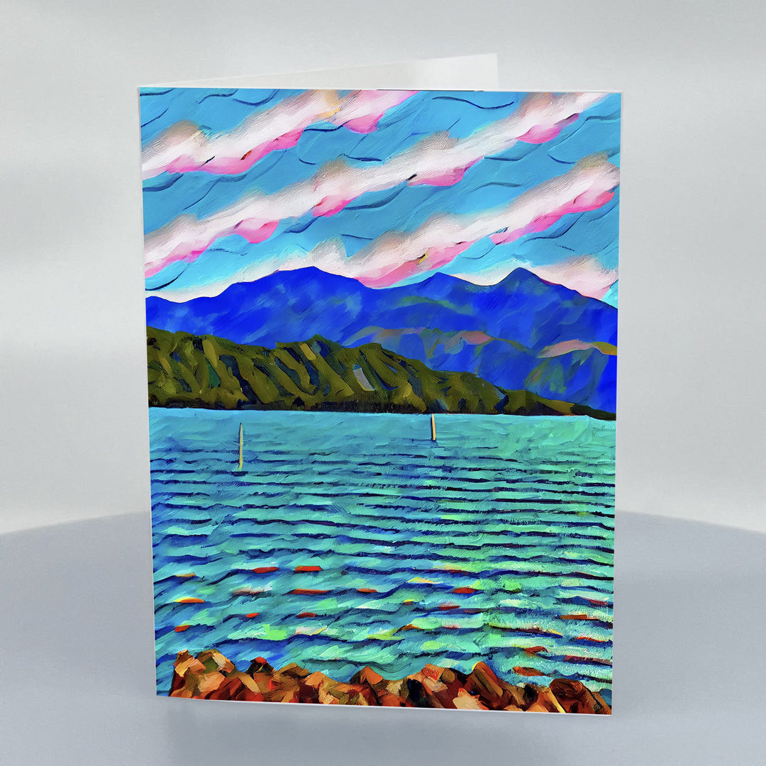 Cloud Stripes Lake blank 5x7 Greeting Card with Envelope by Blue Peak Creative Montana, designed and printed in Missoula, Montana, USA; blank on the inside, printed on high-quality card stock, and paired with an envelope