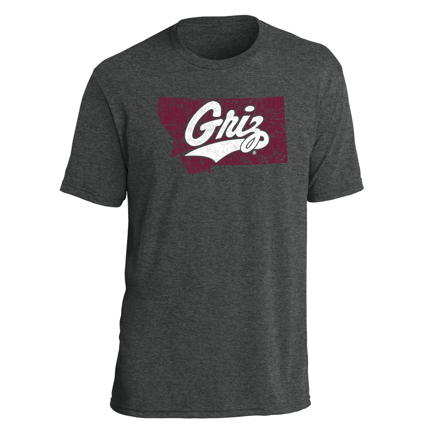Montana Griz Script - Tri-blend T-shirt made in Missoula, MT (home of the UM Grizzlies) by Blue Peak Creative—a black frost tri-blend tee printed with a white University of Montana Grizzlies' Griz Script inside a maroon silhouette of the state of Montana.
